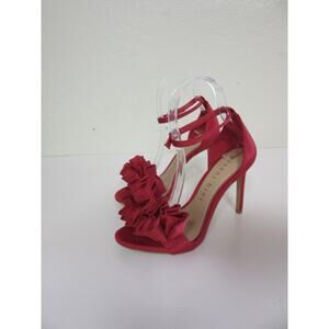 Red Satin Glam Gianni Bini 6 Ruffled Open Toe Ankle Strap Stiletto Heels